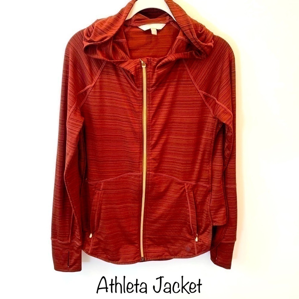𝅺🖤ATHLETA lightweight jacket Gold Zipper trim with pockets and hood.  Size SP.